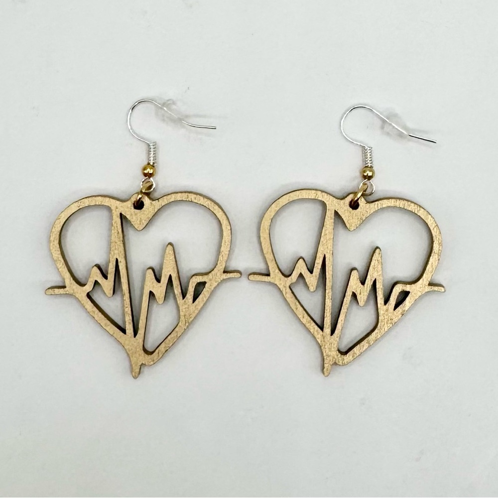 Handcrafted Gold Colored Wood Heart Heartbeat Nurse Lightweight Dangle Earrings